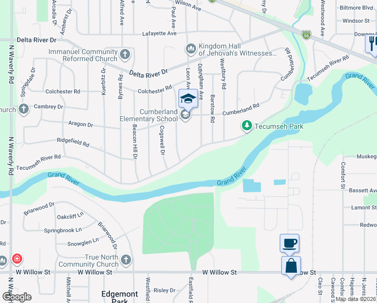 map of restaurants, bars, coffee shops, grocery stores, and more near 2732 Tecumseh River Road in Lansing