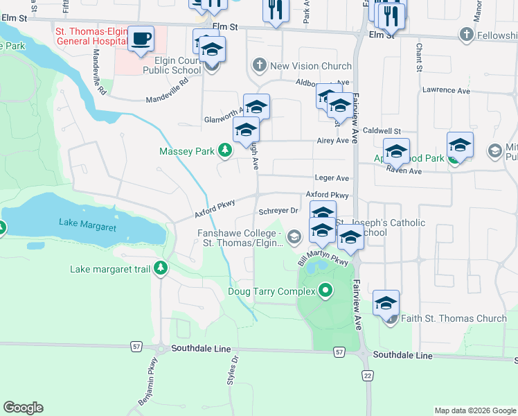 map of restaurants, bars, coffee shops, grocery stores, and more near 32 Schreyer Drive in St. Thomas