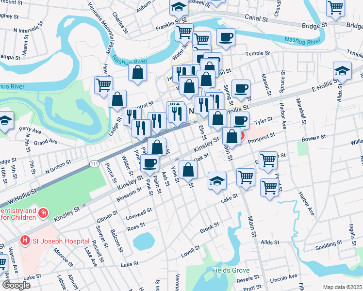map of restaurants, bars, coffee shops, grocery stores, and more near 77 Chestnut Street in Nashua