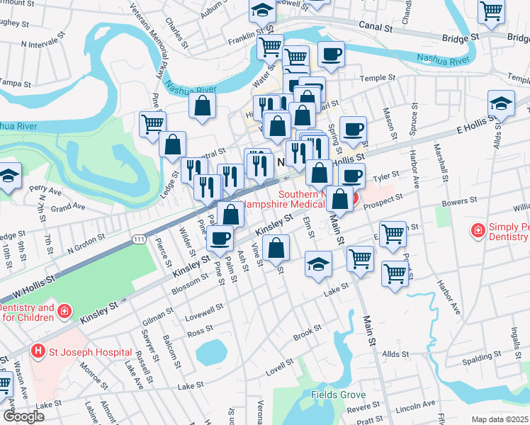 map of restaurants, bars, coffee shops, grocery stores, and more near 77 Chestnut Street in Nashua