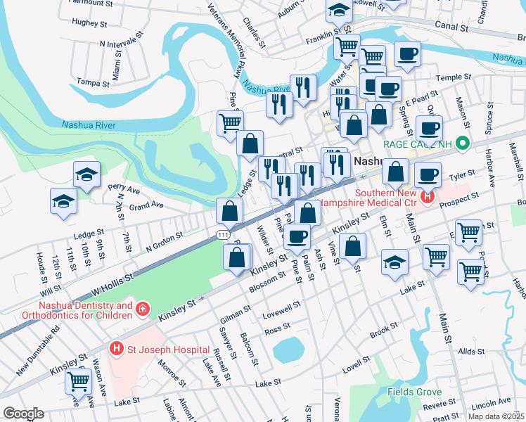 map of restaurants, bars, coffee shops, grocery stores, and more near 85 1/2 West Hollis Street in Nashua