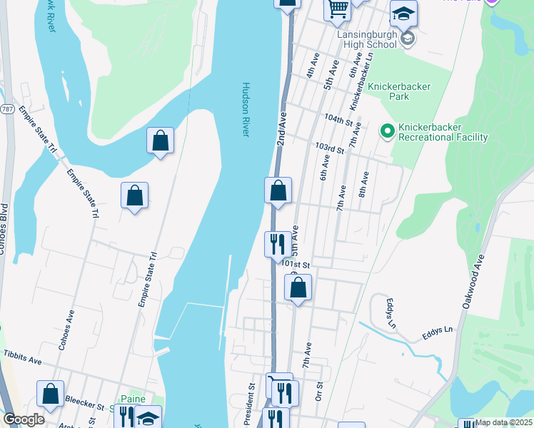map of restaurants, bars, coffee shops, grocery stores, and more near 87 2nd Avenue in Troy