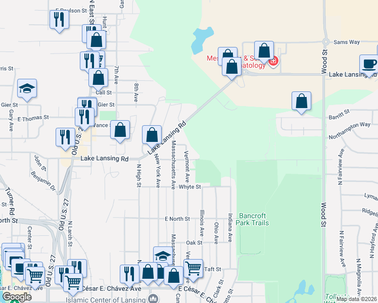 map of restaurants, bars, coffee shops, grocery stores, and more near 2016 Vermont Avenue in Lansing