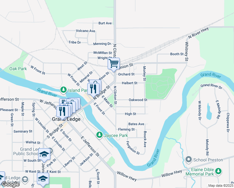 map of restaurants, bars, coffee shops, grocery stores, and more near 412 North Clinton Street in Grand Ledge