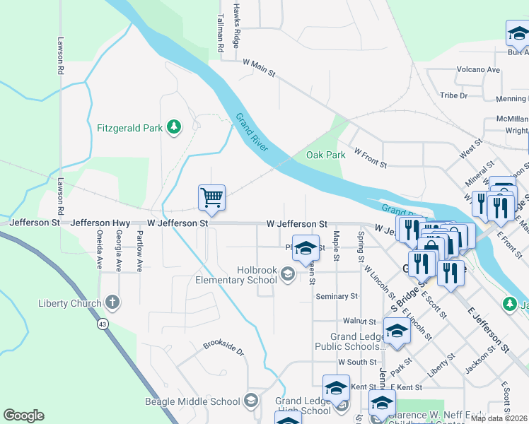 map of restaurants, bars, coffee shops, grocery stores, and more near 716 West Jefferson Street in Grand Ledge