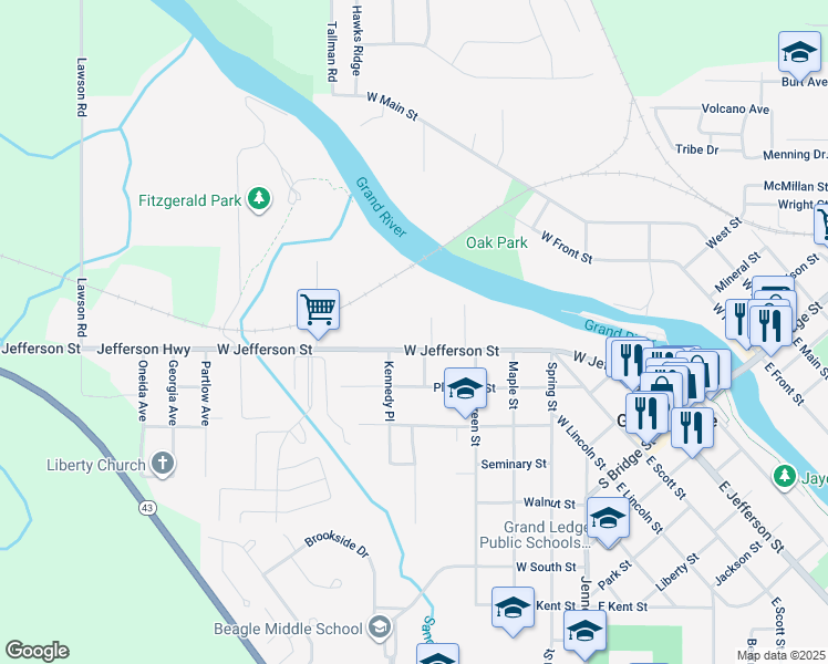 map of restaurants, bars, coffee shops, grocery stores, and more near 716 West Jefferson Street in Grand Ledge