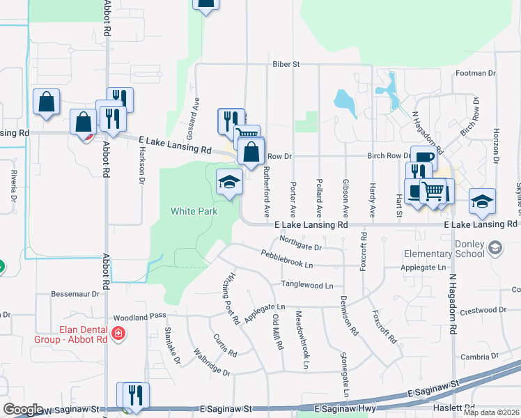 map of restaurants, bars, coffee shops, grocery stores, and more near 6021 Rutherford Avenue in East Lansing