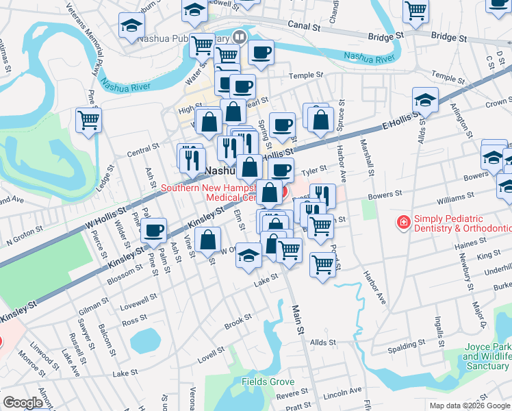 map of restaurants, bars, coffee shops, grocery stores, and more near 263 Main Street in Nashua