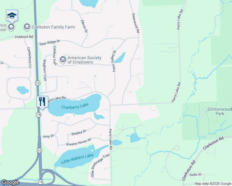 map of restaurants, bars, coffee shops, grocery stores, and more near 8038 Fawn Valley Dr in Clarkston
