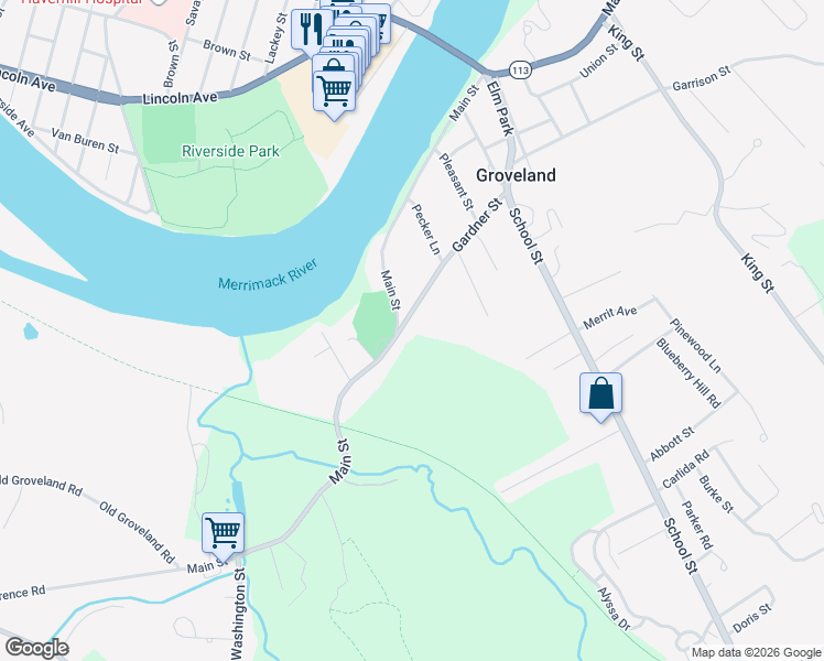map of restaurants, bars, coffee shops, grocery stores, and more near 120 Gardner Street in Groveland