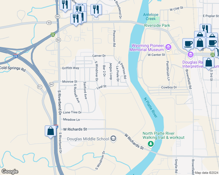 map of restaurants, bars, coffee shops, grocery stores, and more near 935 Leal Street in Douglas