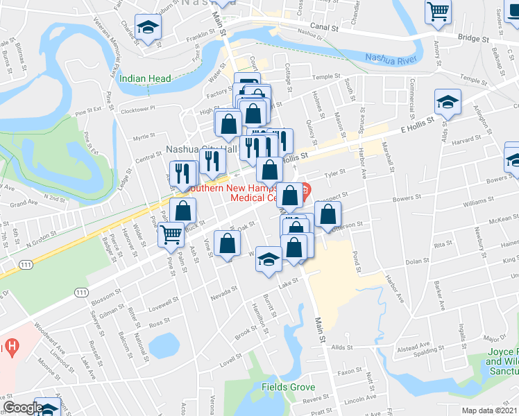 map of restaurants, bars, coffee shops, grocery stores, and more near 6 1/2 Kinsley Street in Nashua
