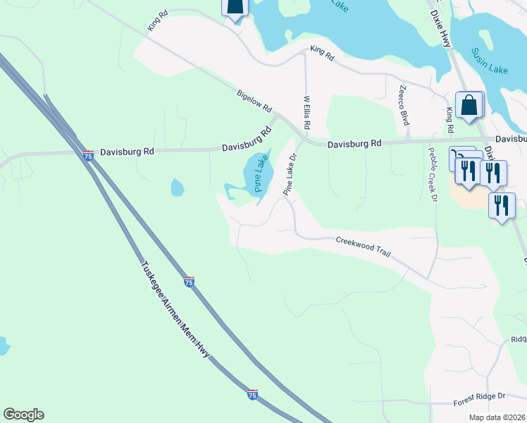 map of restaurants, bars, coffee shops, grocery stores, and more near 8251 Pine Lake Drive in Springfield Township
