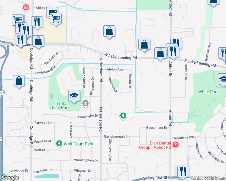 map of restaurants, bars, coffee shops, grocery stores, and more near 1949 Tamarisk Drive in East Lansing