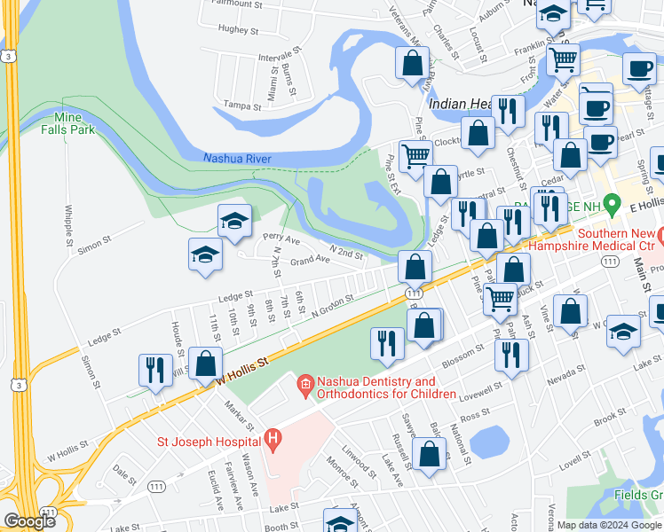 map of restaurants, bars, coffee shops, grocery stores, and more near 14 Grand Avenue in Nashua