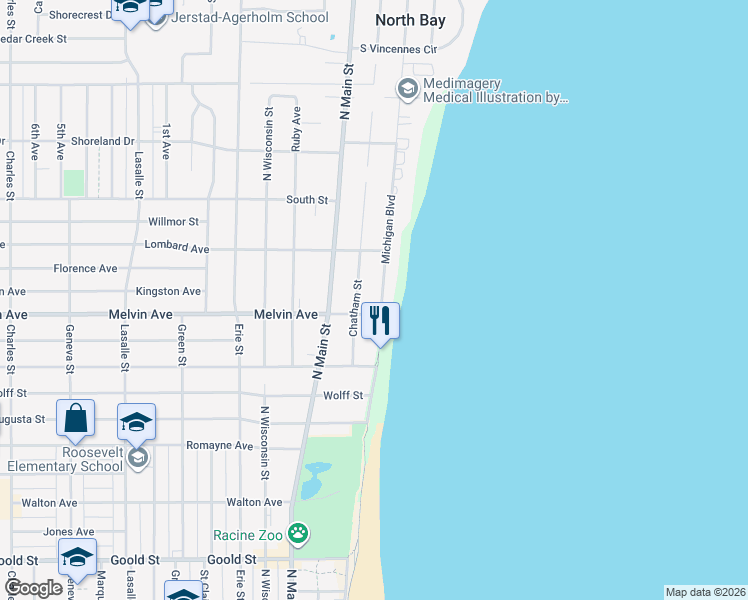 map of restaurants, bars, coffee shops, grocery stores, and more near 3012 Michigan Boulevard in Racine