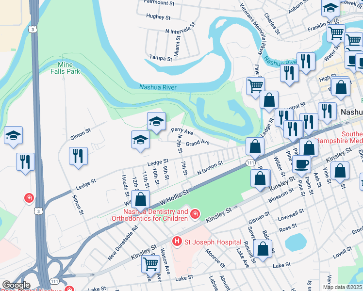 map of restaurants, bars, coffee shops, grocery stores, and more near 40 Grand Avenue in Nashua