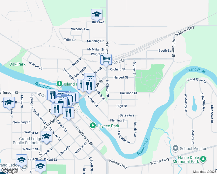 map of restaurants, bars, coffee shops, grocery stores, and more near 412 North Clinton Street in Grand Ledge