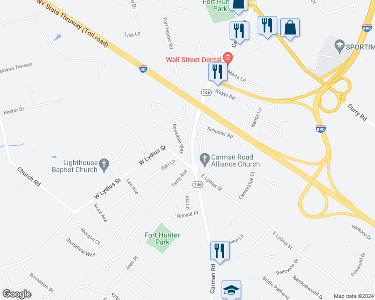 map of restaurants, bars, coffee shops, grocery stores, and more near 2015 Rosedale Way in Schenectady