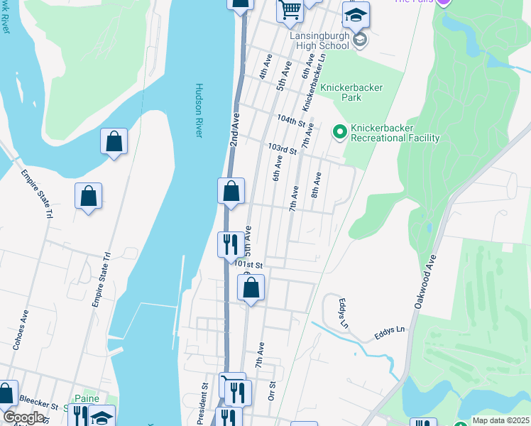 map of restaurants, bars, coffee shops, grocery stores, and more near 101 6th Ave in Troy
