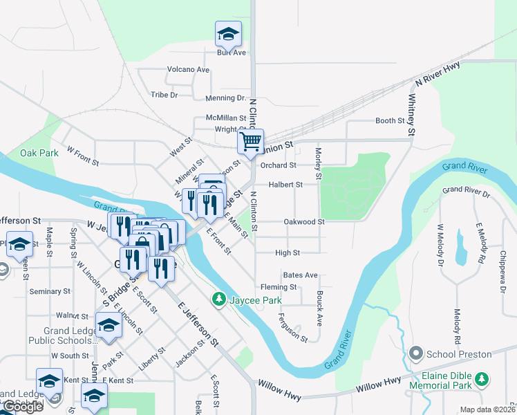 map of restaurants, bars, coffee shops, grocery stores, and more near 412 North Clinton Street in Grand Ledge