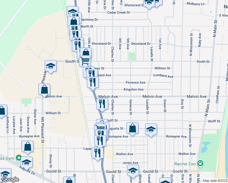 map of restaurants, bars, coffee shops, grocery stores, and more near 1319 Kingston Avenue in Racine