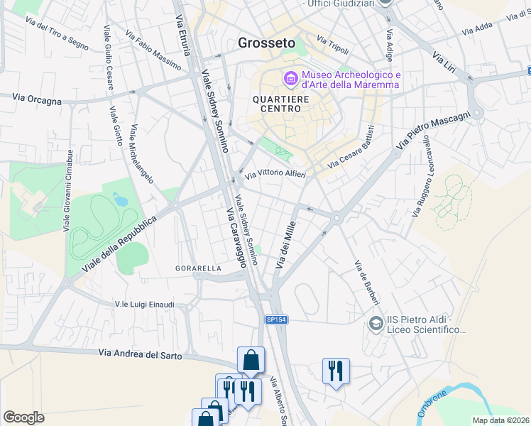 map of restaurants, bars, coffee shops, grocery stores, and more near 17 Via Martiri di Belfiore in Grosseto