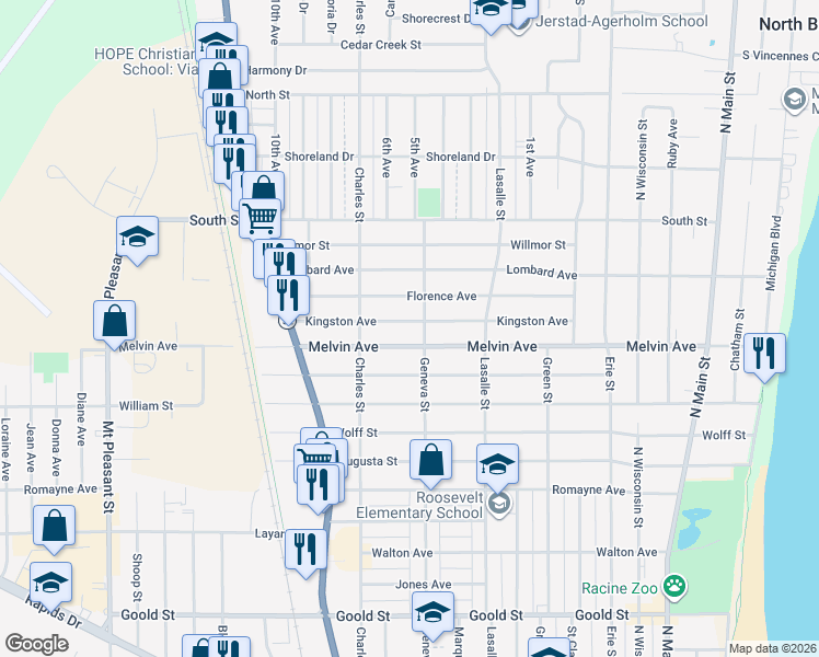 map of restaurants, bars, coffee shops, grocery stores, and more near 1213 Kingston Avenue in Racine