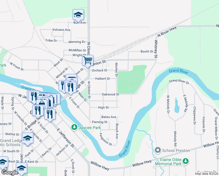 map of restaurants, bars, coffee shops, grocery stores, and more near 412 Burch Street in Grand Ledge