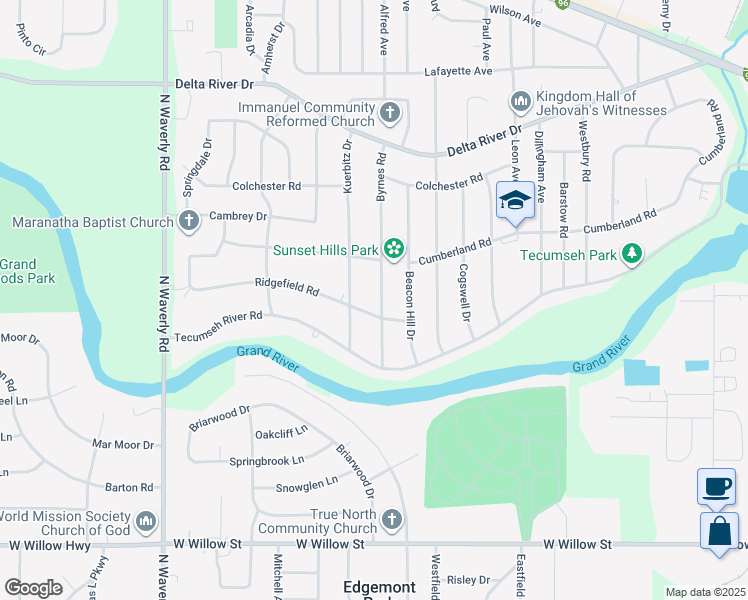 map of restaurants, bars, coffee shops, grocery stores, and more near 2015 Byrnes Road in Lansing