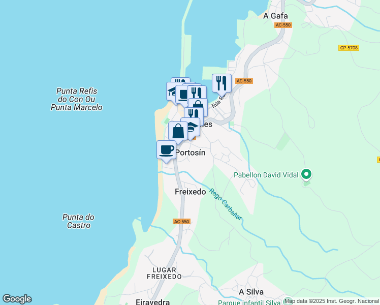 map of restaurants, bars, coffee shops, grocery stores, and more near 9 Aldea Portosín in Goians