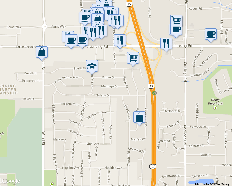map of restaurants, bars, coffee shops, grocery stores, and more near 2807 Tulane Drive in Lansing