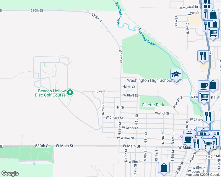 map of restaurants, bars, coffee shops, grocery stores, and more near 1114 Iowa Street in Cherokee