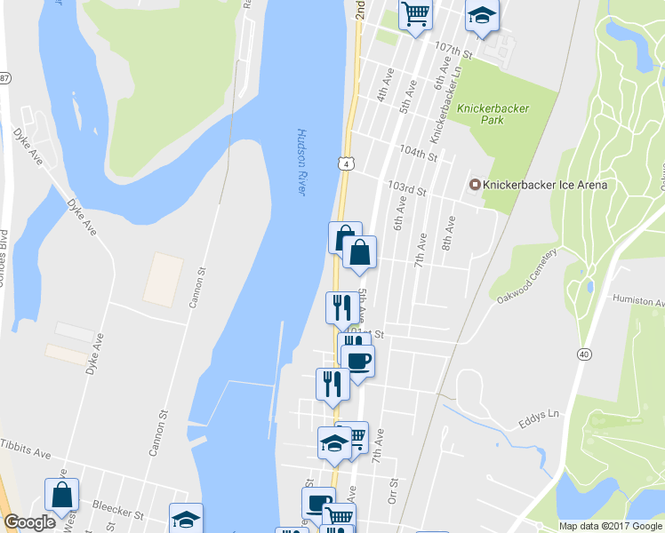 map of restaurants, bars, coffee shops, grocery stores, and more near 87 2nd Avenue in Troy