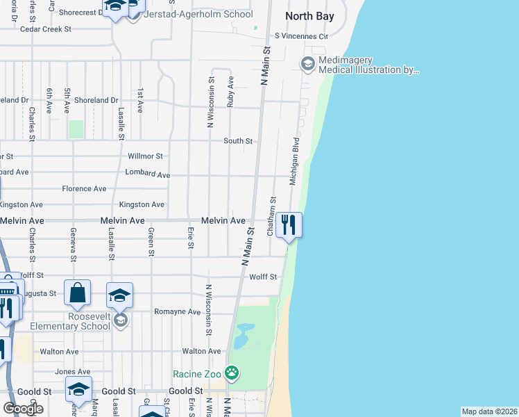 map of restaurants, bars, coffee shops, grocery stores, and more near 3015 North Main Street in Racine