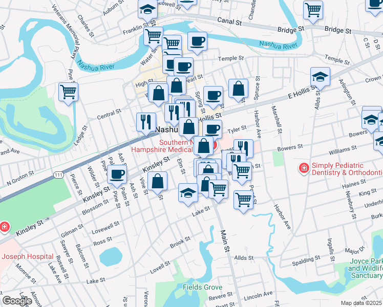map of restaurants, bars, coffee shops, grocery stores, and more near in Nashua