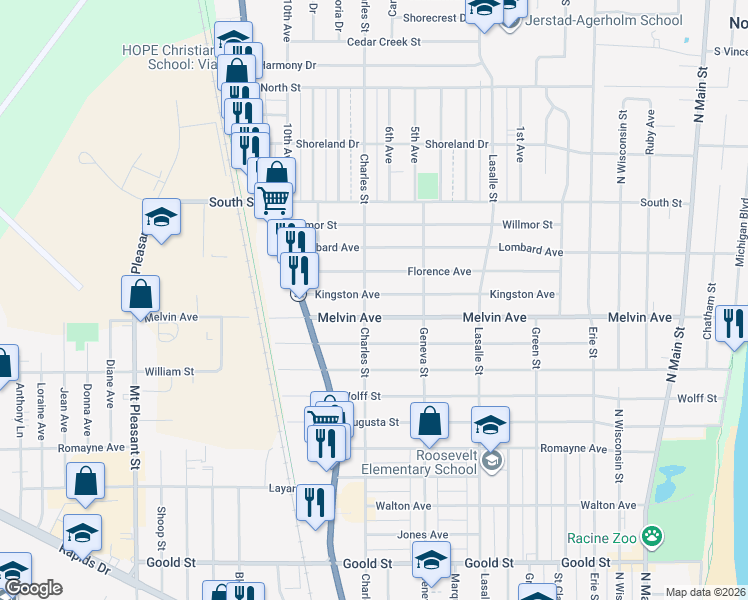 map of restaurants, bars, coffee shops, grocery stores, and more near 1315 Kingston Avenue in Racine