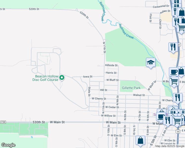 map of restaurants, bars, coffee shops, grocery stores, and more near 1118 Iowa Street in Cherokee
