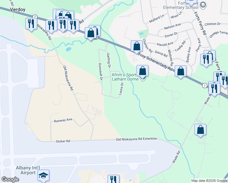 map of restaurants, bars, coffee shops, grocery stores, and more near 31 Garling Drive in Latham