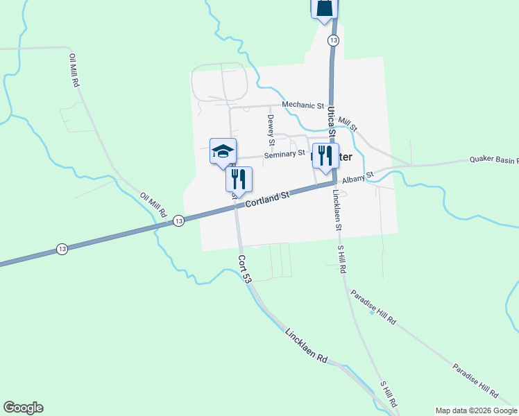map of restaurants, bars, coffee shops, grocery stores, and more near 1608 Cortland Street in DeRuyter