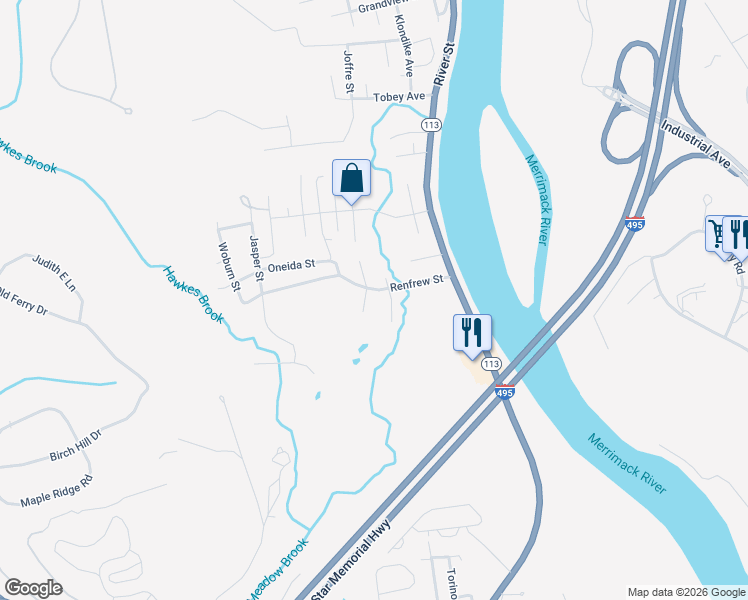 map of restaurants, bars, coffee shops, grocery stores, and more near 30 Renfrew Street in Methuen