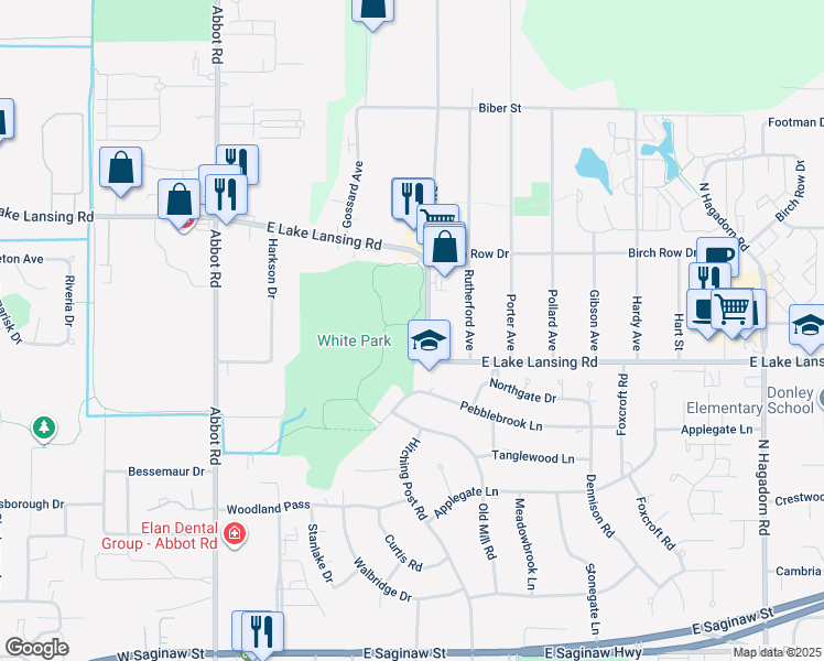 map of restaurants, bars, coffee shops, grocery stores, and more near 621 Pebblebrook Lane in East Lansing