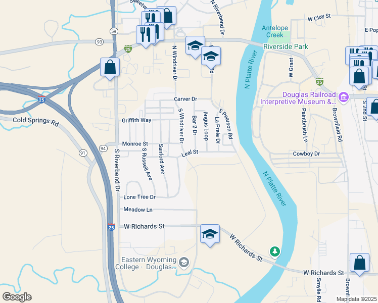 map of restaurants, bars, coffee shops, grocery stores, and more near 1002 Leal Street in Douglas