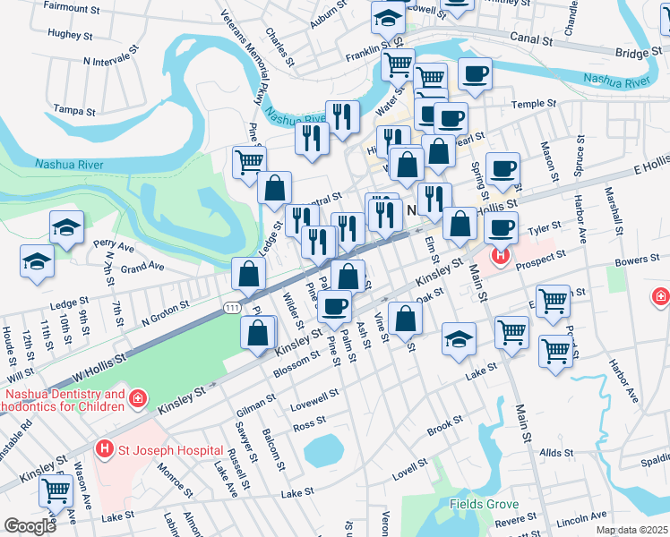 map of restaurants, bars, coffee shops, grocery stores, and more near 64 Palm Street in Nashua