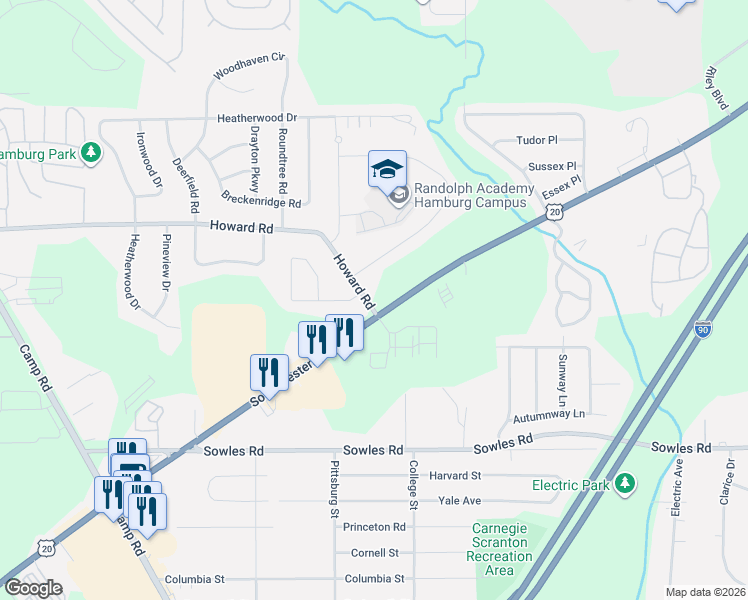 map of restaurants, bars, coffee shops, grocery stores, and more near 3833 Howard Road in Hamburg