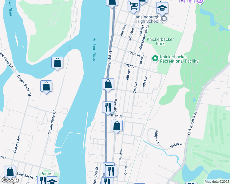 map of restaurants, bars, coffee shops, grocery stores, and more near 99 5th Avenue in Troy