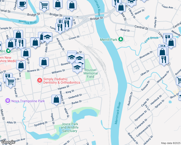 map of restaurants, bars, coffee shops, grocery stores, and more near Arlington Street in Nashua