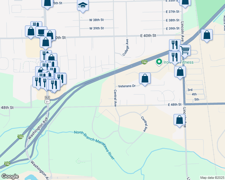 map of restaurants, bars, coffee shops, grocery stores, and more near 1200 Central Avenue in Holland