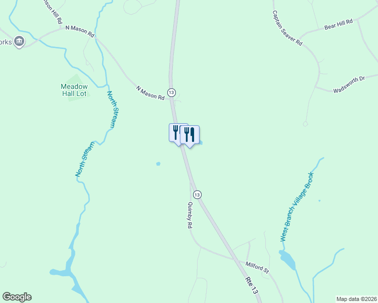 map of restaurants, bars, coffee shops, grocery stores, and more near 195-205 Highway 13 in Brookline