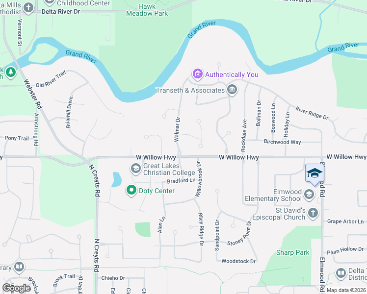 map of restaurants, bars, coffee shops, grocery stores, and more near 2014 Walmar Drive in Lansing